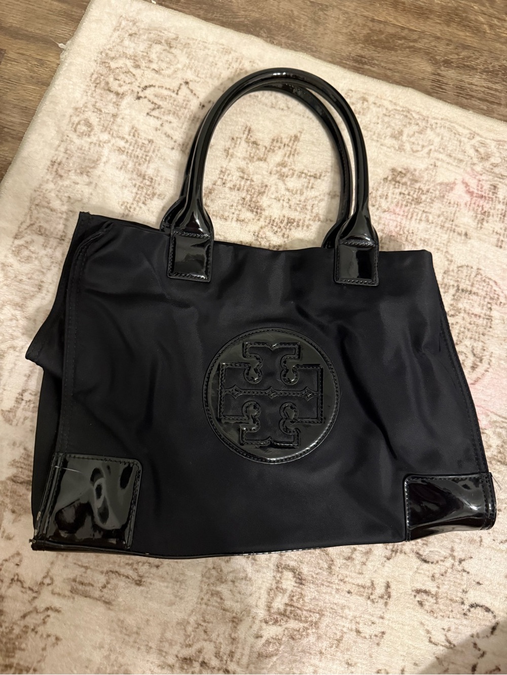 Tory Burch Black Nylon Tote with Patent Trim and Logo